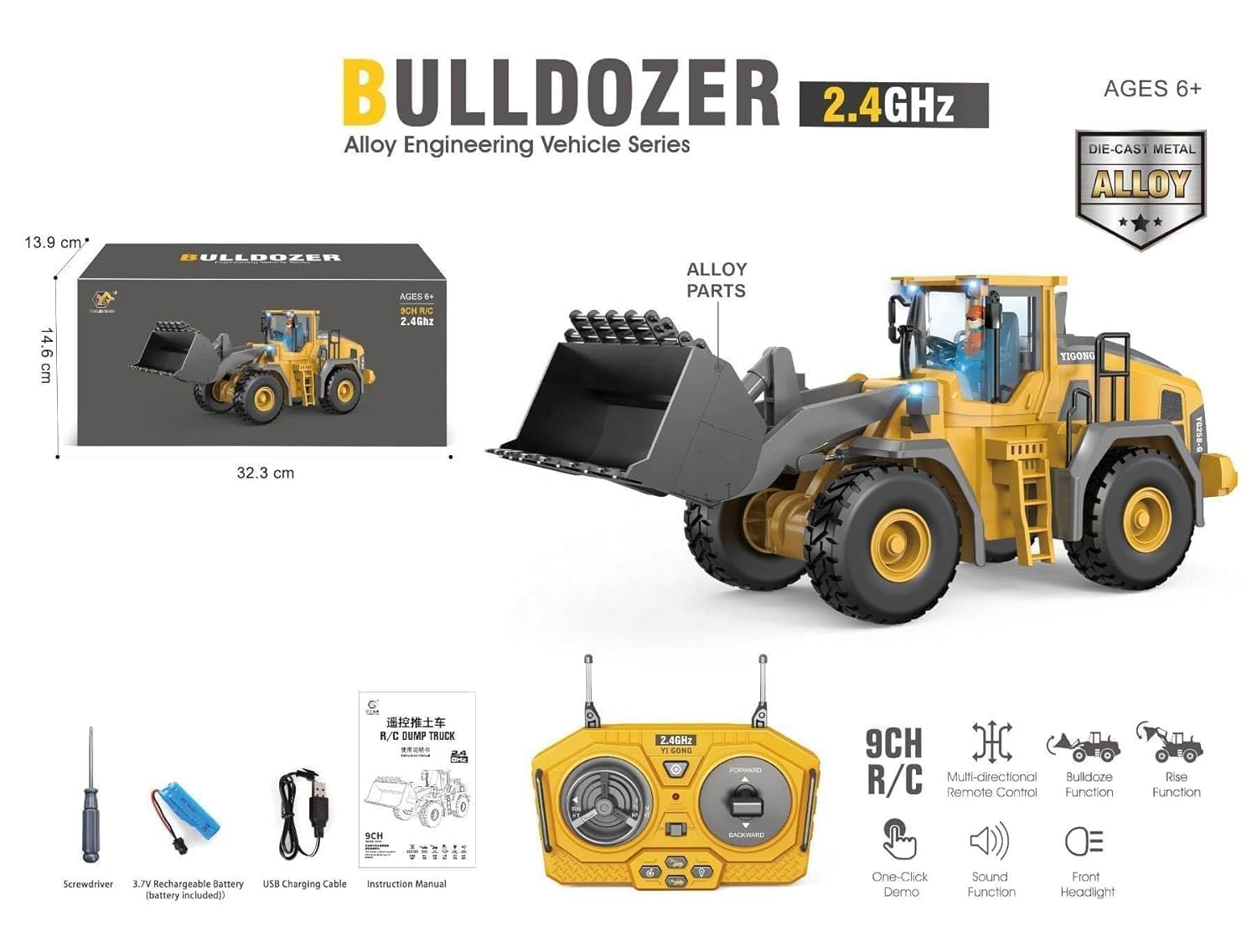 RC Bulldozer Toy with Light and Sound