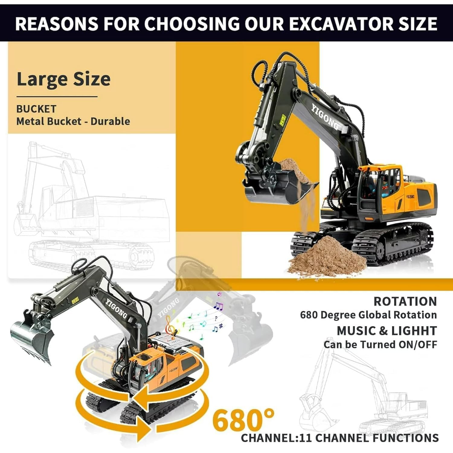 RC Excavator with Metal Shovel and 680° Rotation, Hydraulic Excavator