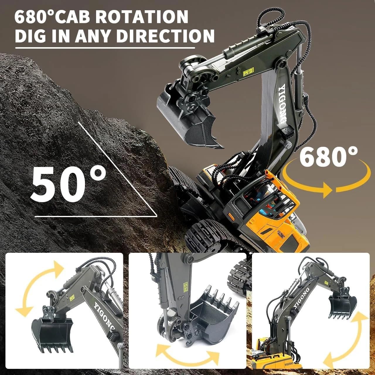 RC Excavator with Metal Shovel and 680° Rotation, Hydraulic Excavator