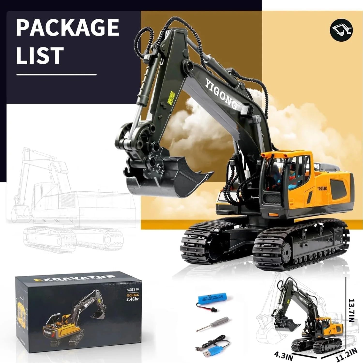 RC Excavator with Metal Shovel and 680° Rotation, Hydraulic Excavator
