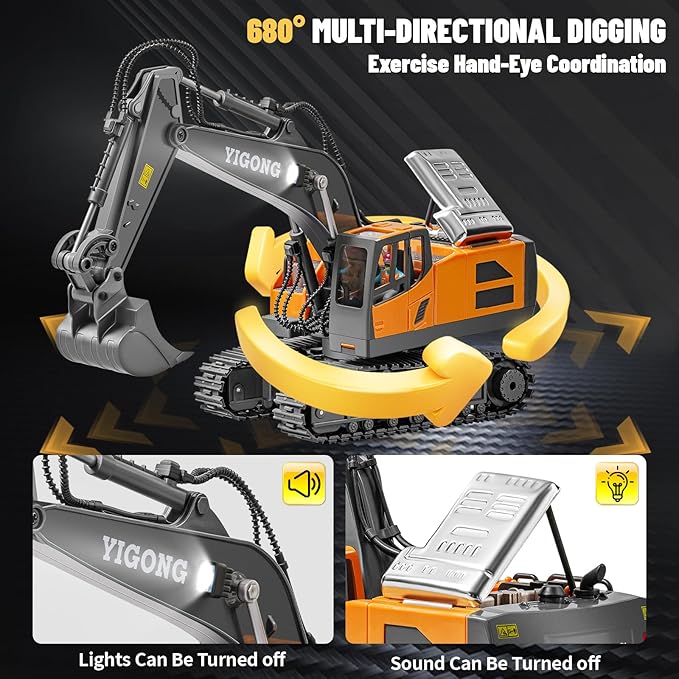 RC Excavator with Metal Shovel and 680° Rotation, Hydraulic Excavator