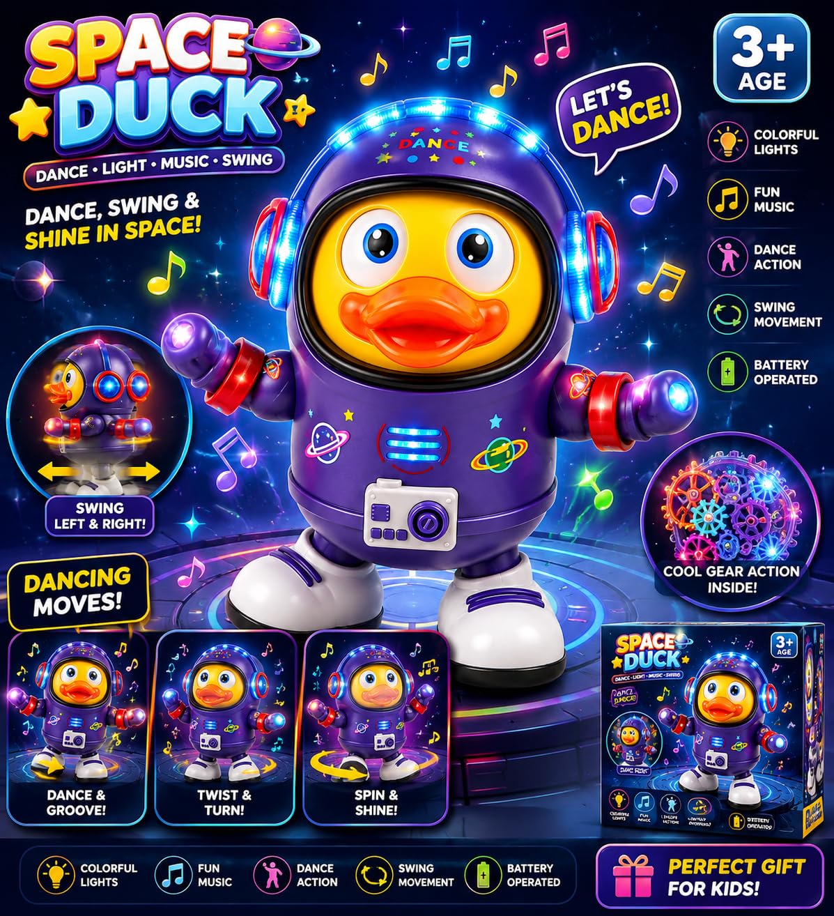 Space Duck Dancing Toy with LED Lights & Music