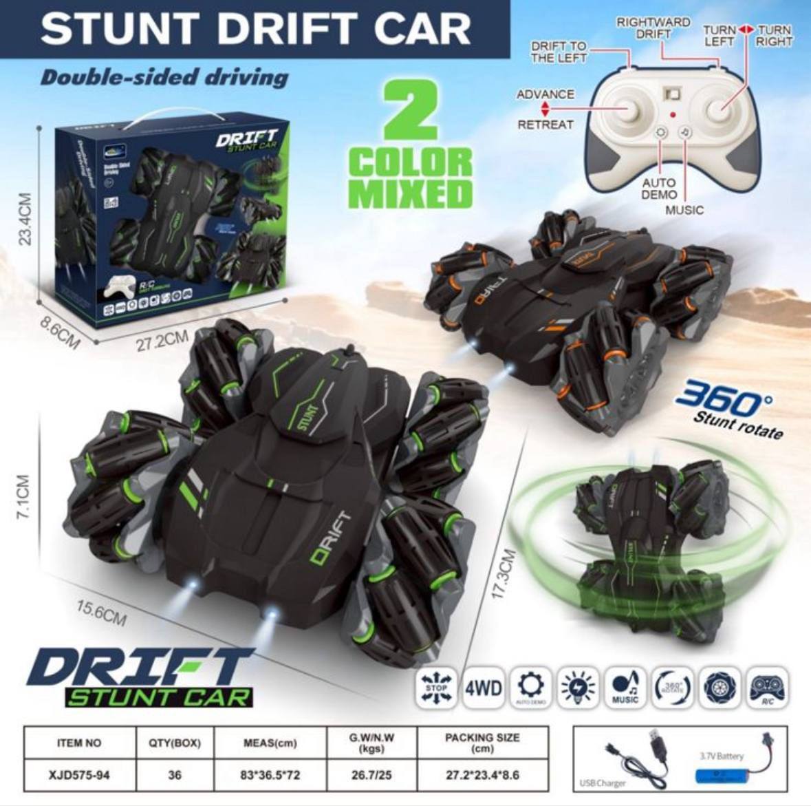 Drift Stunt Car 4WD 360° Flip RC Car with Lights & Music