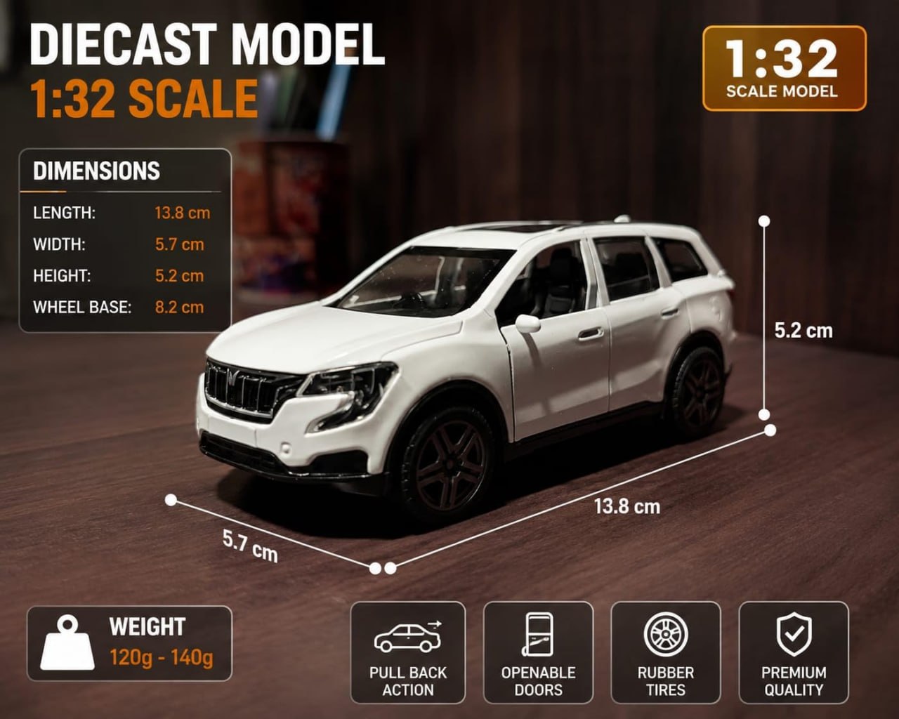 XUV 700 Diecast Toy Car 1:36 Scale Metal Model SUV with Openable Doors & Boot