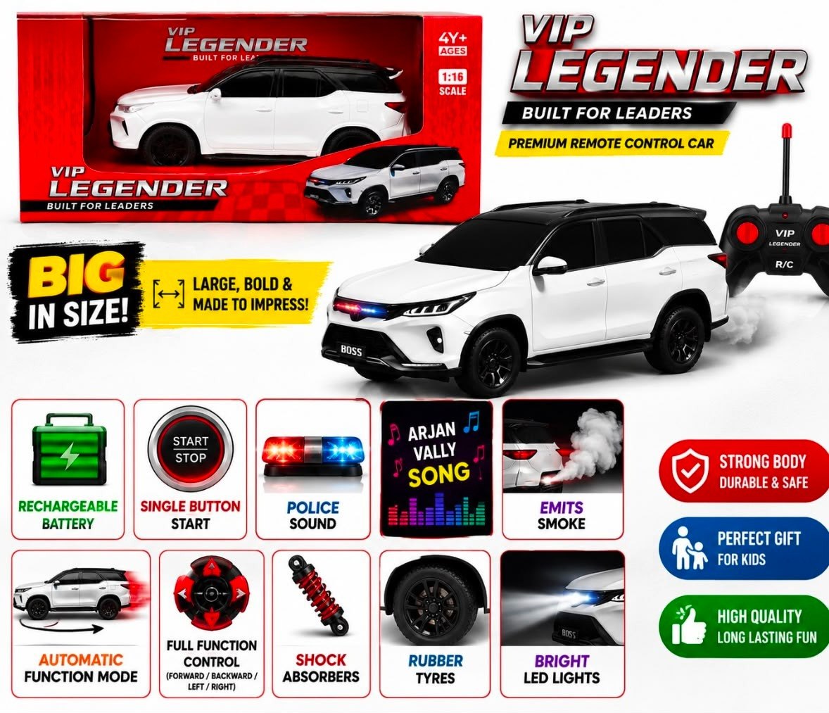 Fortuner VIP Legender from, 1:16 Scale, 2.4 ghz Remote Control, Smoke Effect